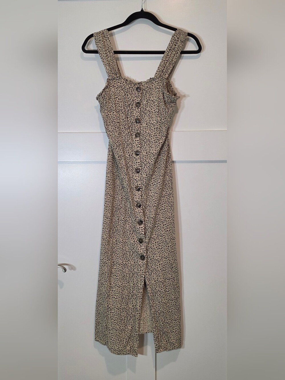Japna Button Front Long Midi Sundress Cheetah Medium Tan Black Smocked Back